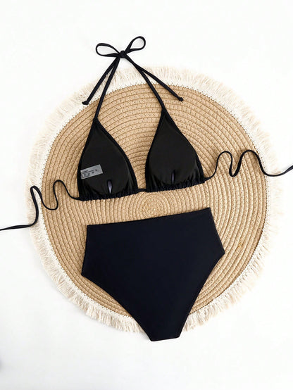 Solid Color Adjustable Tie Halter Triangle Cup Sexy Bikini Swimwear Vacation Beach Summer