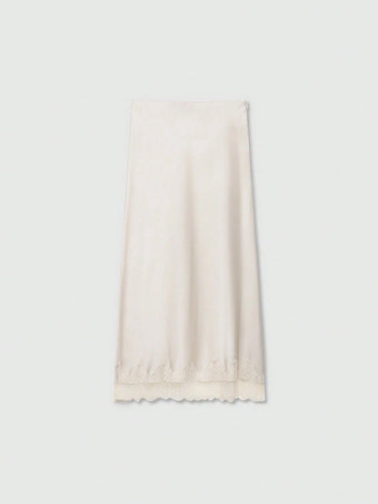 Solid Color Minimalist Design Lace Trimmed Silk-Feel Midi Skirt, Summer Spring