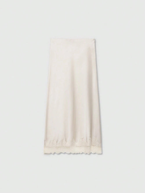 Solid Color Minimalist Design Lace Trimmed Silk-Feel Midi Skirt, Summer Spring