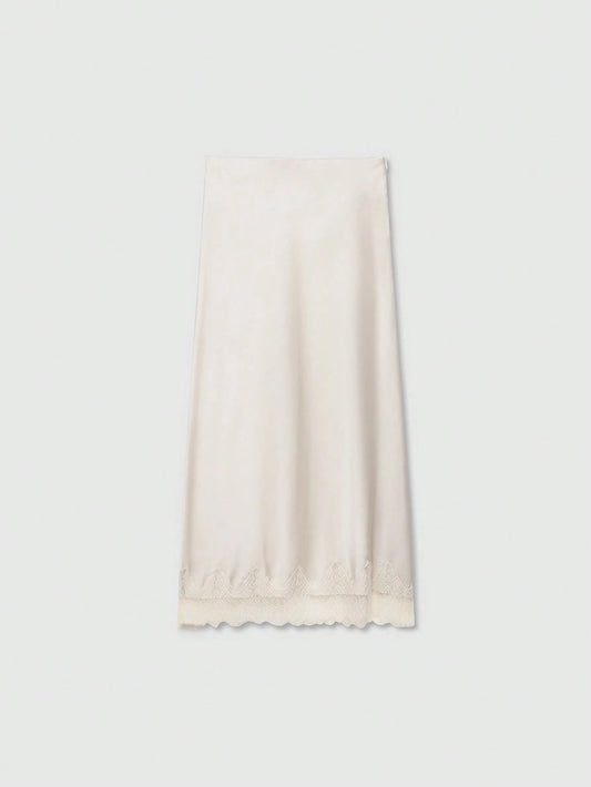 Solid Color Minimalist Design Lace Trimmed Silk-Feel Midi Skirt, Summer Spring