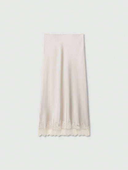 Solid Color Minimalist Design Lace Trimmed Silk-Feel Midi Skirt, Summer Spring