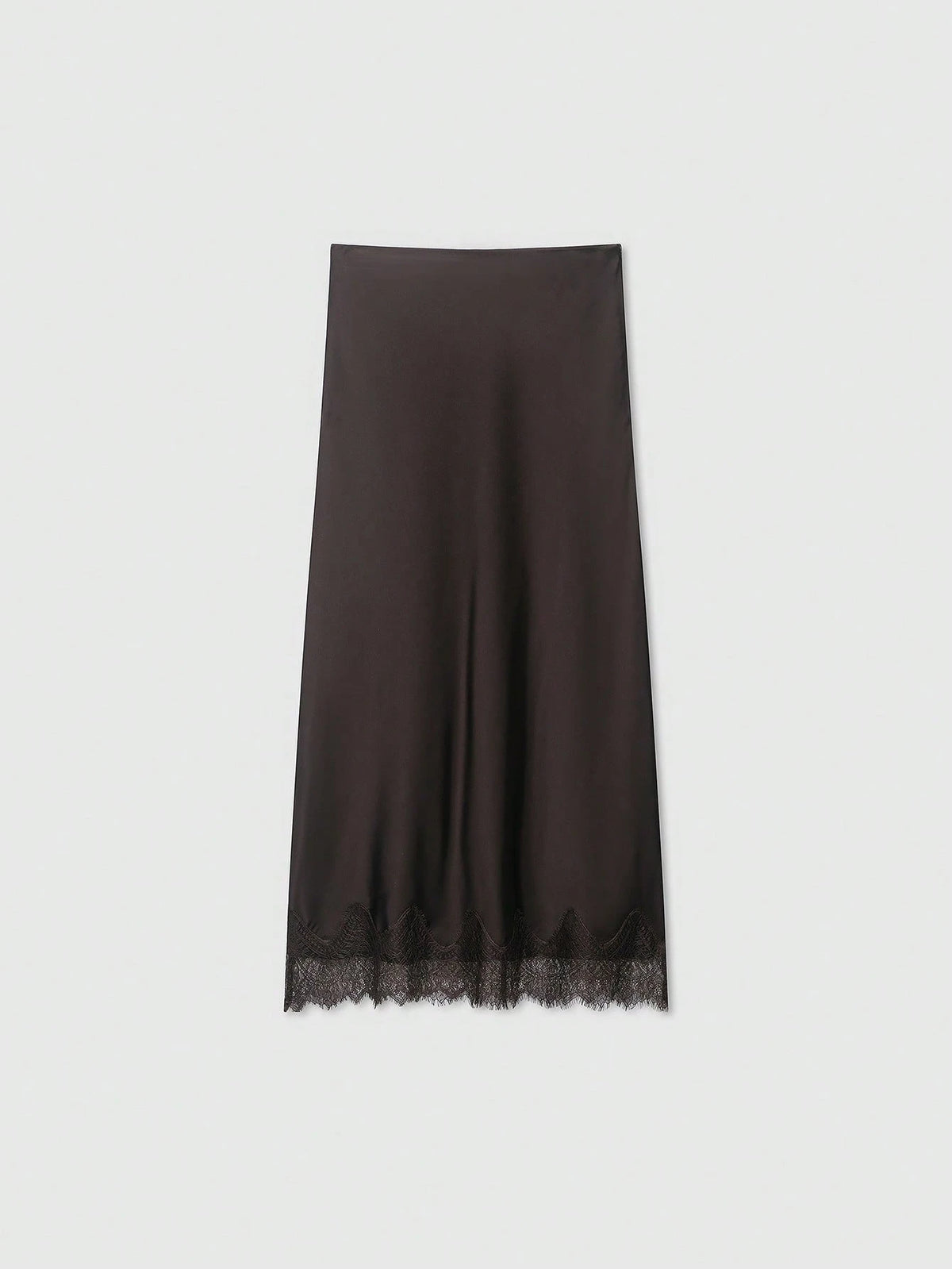Solid Color Minimalist Design Lace Trimmed Silk-Feel Midi Skirt, Summer Spring