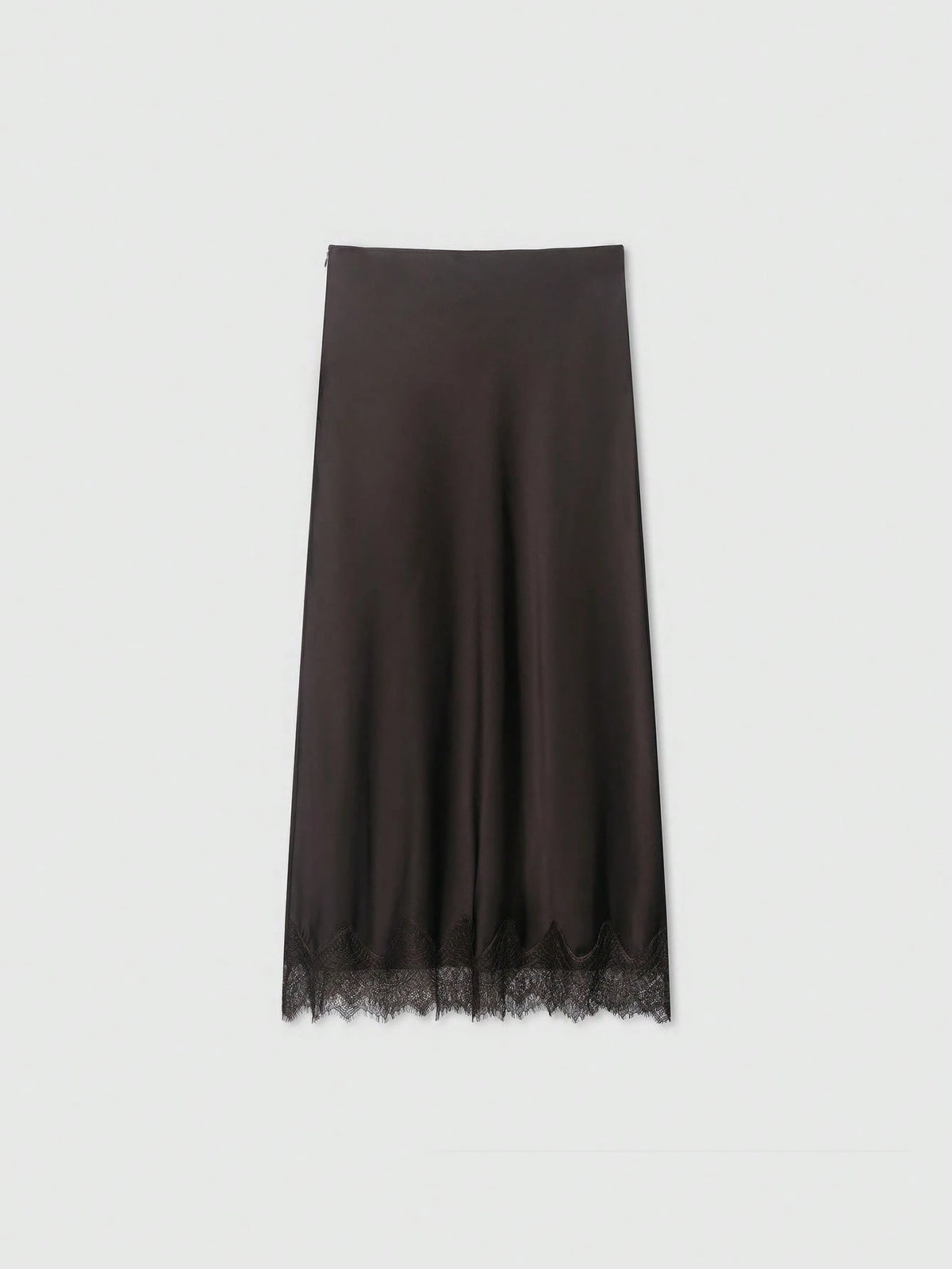 Solid Color Minimalist Design Lace Trimmed Silk-Feel Midi Skirt, Summer Spring