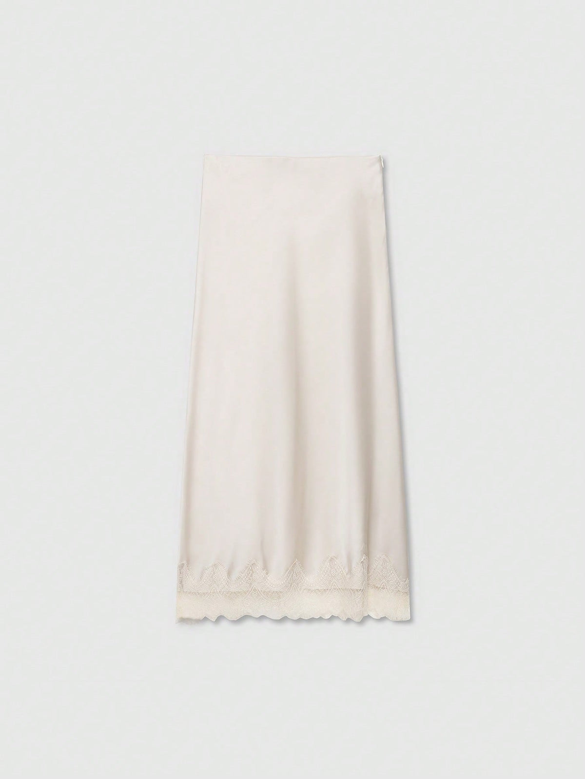Solid Color Minimalist Design Lace Trimmed Silk-Feel Midi Skirt, Summer Spring