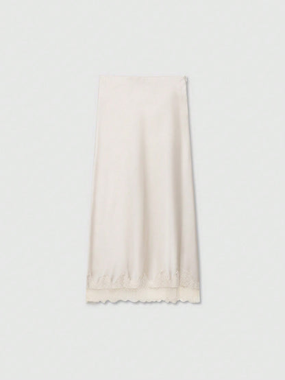 Solid Color Minimalist Design Lace Trimmed Silk-Feel Midi Skirt, Summer Spring