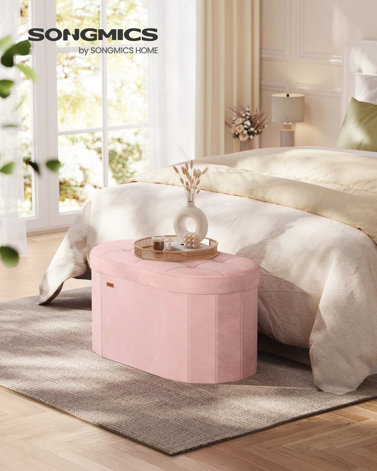 SONGMICS Mazie Collection- Folding Ottoman With Storage, Oval Storage Ottoman Bench, For Living Room, Bedroom, Velvet Fabric, 15 X 30 X 15 Inches