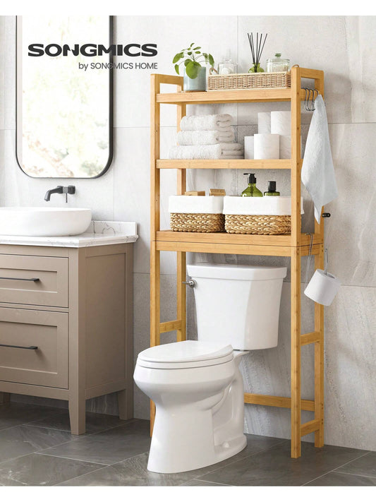SONGMICS Over The Toilet Storage, 3-Tier Bamboo Over Toilet Rack Bathroom Organizer With Adjustable Shelf, Fit Most Toilets, Space-Saving, Easy Assembly