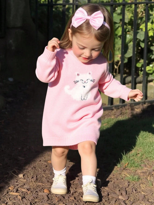 Souflis Souflis 1pc Knitted Baby Girl Dress,Pink White,Autumn,Cute,Family Matching Cat Embroidered Round Neck Long Sleeve Winter Knit Sweater Jumper Fall Outfit