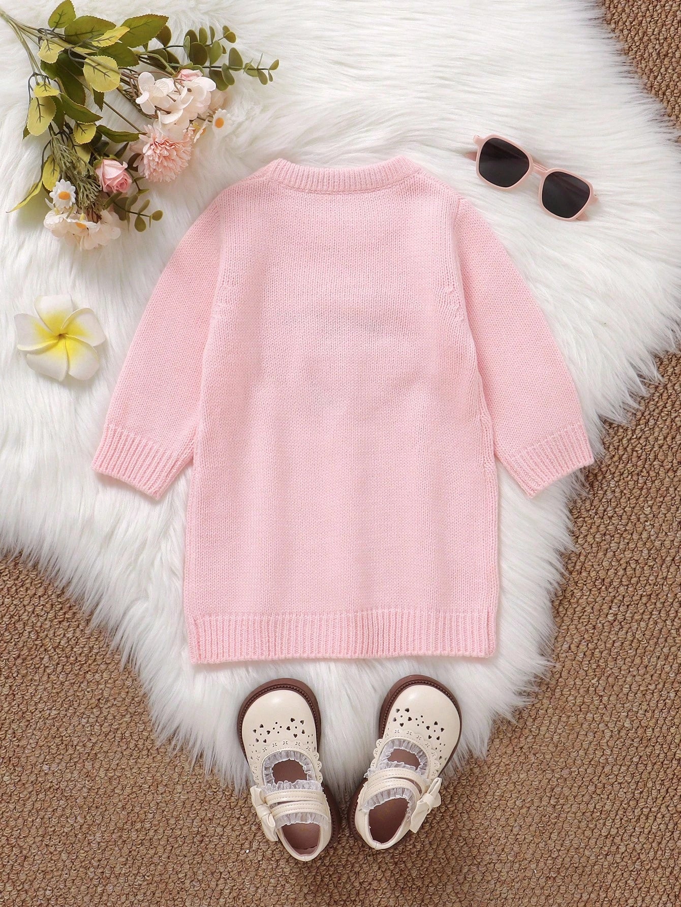 Souflis Souflis 1pc Knitted Baby Girl Dress,Pink White,Autumn,Cute,Family Matching Cat Embroidered Round Neck Long Sleeve Winter Knit Sweater Jumper Fall Outfit
