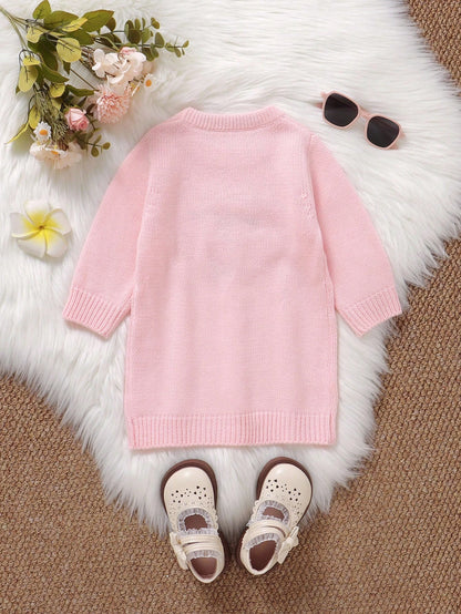 Souflis Souflis 1pc Knitted Baby Girl Dress,Pink White,Autumn,Cute,Family Matching Cat Embroidered Round Neck Long Sleeve Winter Knit Sweater Jumper Fall Outfit