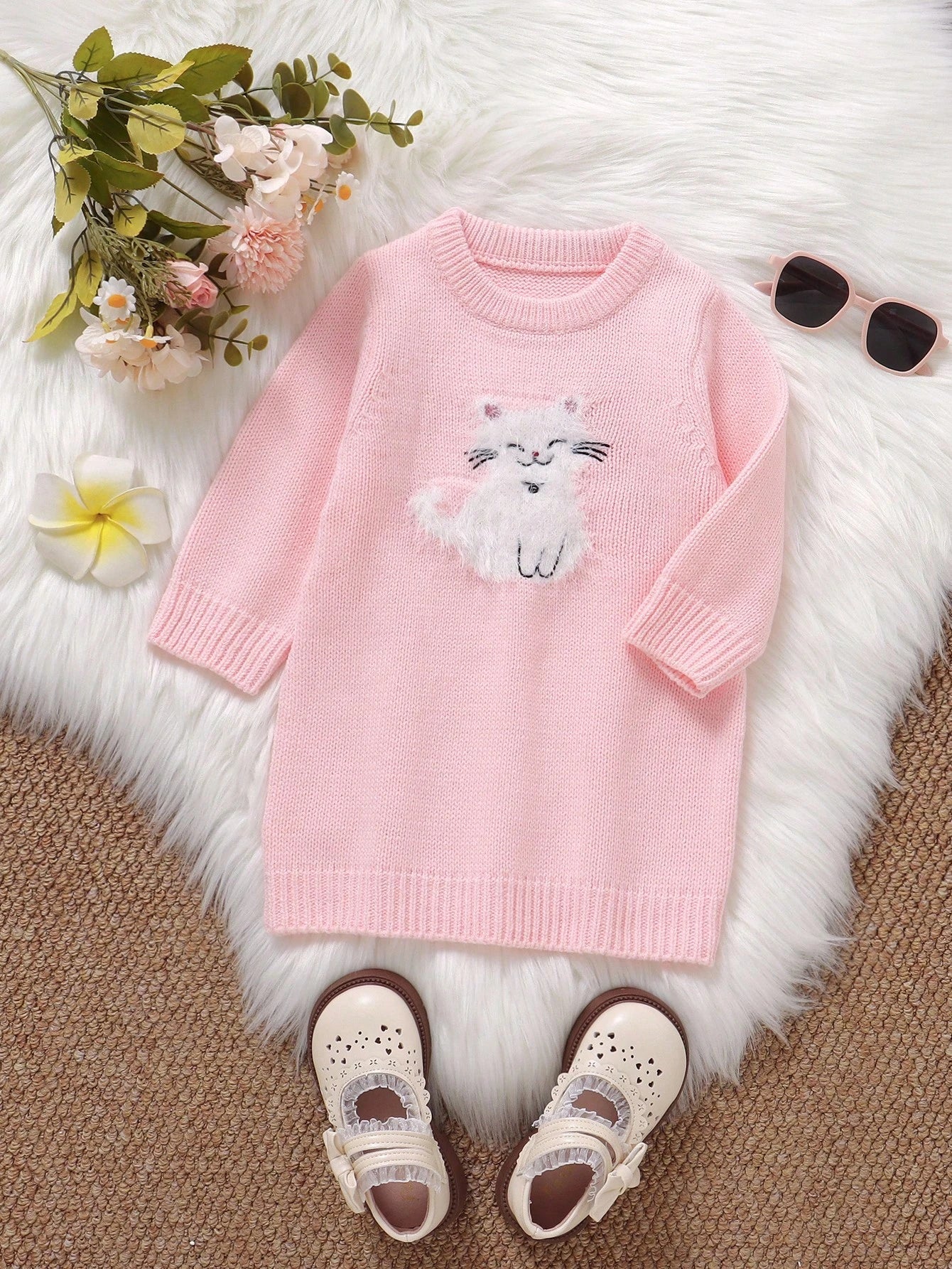 Souflis Souflis 1pc Knitted Baby Girl Dress,Pink White,Autumn,Cute,Family Matching Cat Embroidered Round Neck Long Sleeve Winter Knit Sweater Jumper Fall Outfit