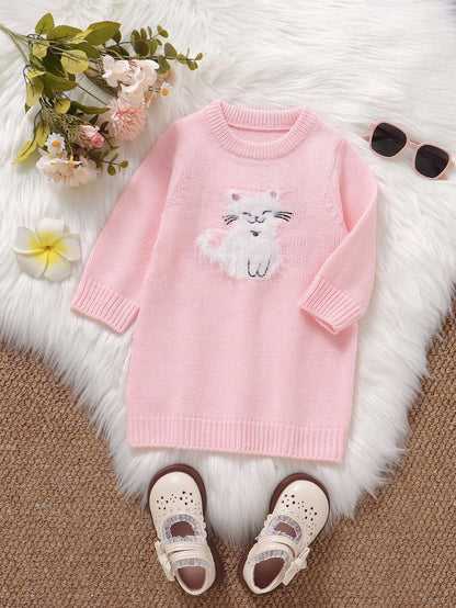 Souflis Souflis 1pc Knitted Baby Girl Dress,Pink White,Autumn,Cute,Family Matching Cat Embroidered Round Neck Long Sleeve Winter Knit Sweater Jumper Fall Outfit