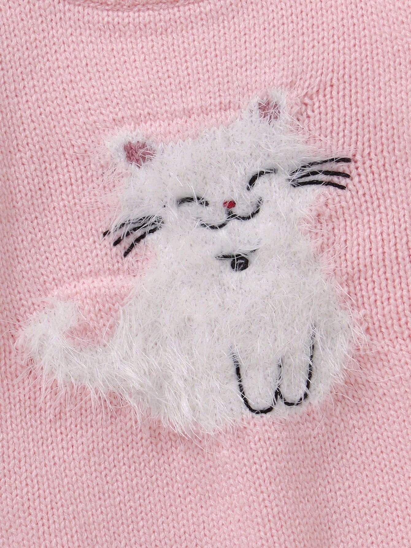 Souflis Souflis 1pc Knitted Baby Girl Dress,Pink White,Autumn,Cute,Family Matching Cat Embroidered Round Neck Long Sleeve Winter Knit Sweater Jumper Fall Outfit