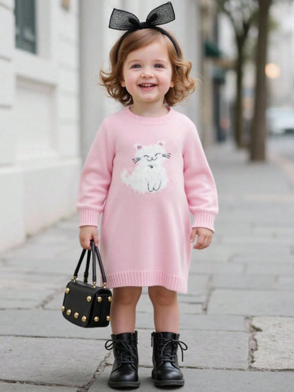 Souflis Souflis 1pc Knitted Baby Girl Dress,Pink White,Autumn,Cute,Family Matching Cat Embroidered Round Neck Long Sleeve Winter Knit Sweater Jumper Fall Outfit