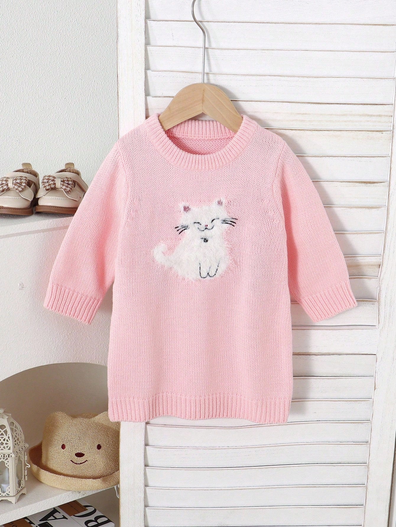 Souflis Souflis 1pc Knitted Baby Girl Dress,Pink White,Autumn,Cute,Family Matching Cat Embroidered Round Neck Long Sleeve Winter Knit Sweater Jumper Fall Outfit