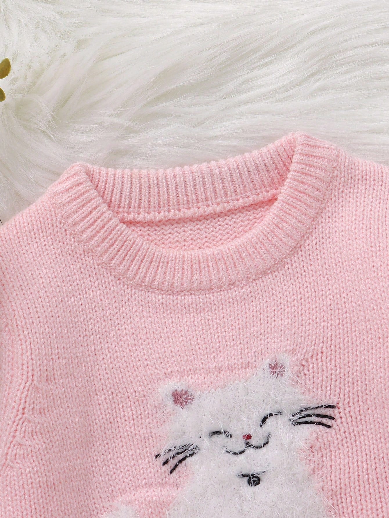 Souflis Souflis 1pc Knitted Baby Girl Dress,Pink White,Autumn,Cute,Family Matching Cat Embroidered Round Neck Long Sleeve Winter Knit Sweater Jumper Fall Outfit