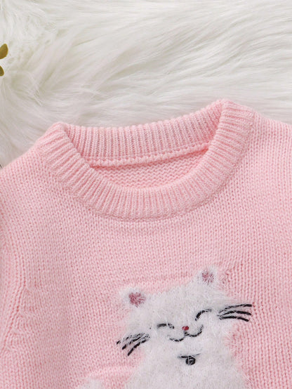 Souflis Souflis 1pc Knitted Baby Girl Dress,Pink White,Autumn,Cute,Family Matching Cat Embroidered Round Neck Long Sleeve Winter Knit Sweater Jumper Fall Outfit