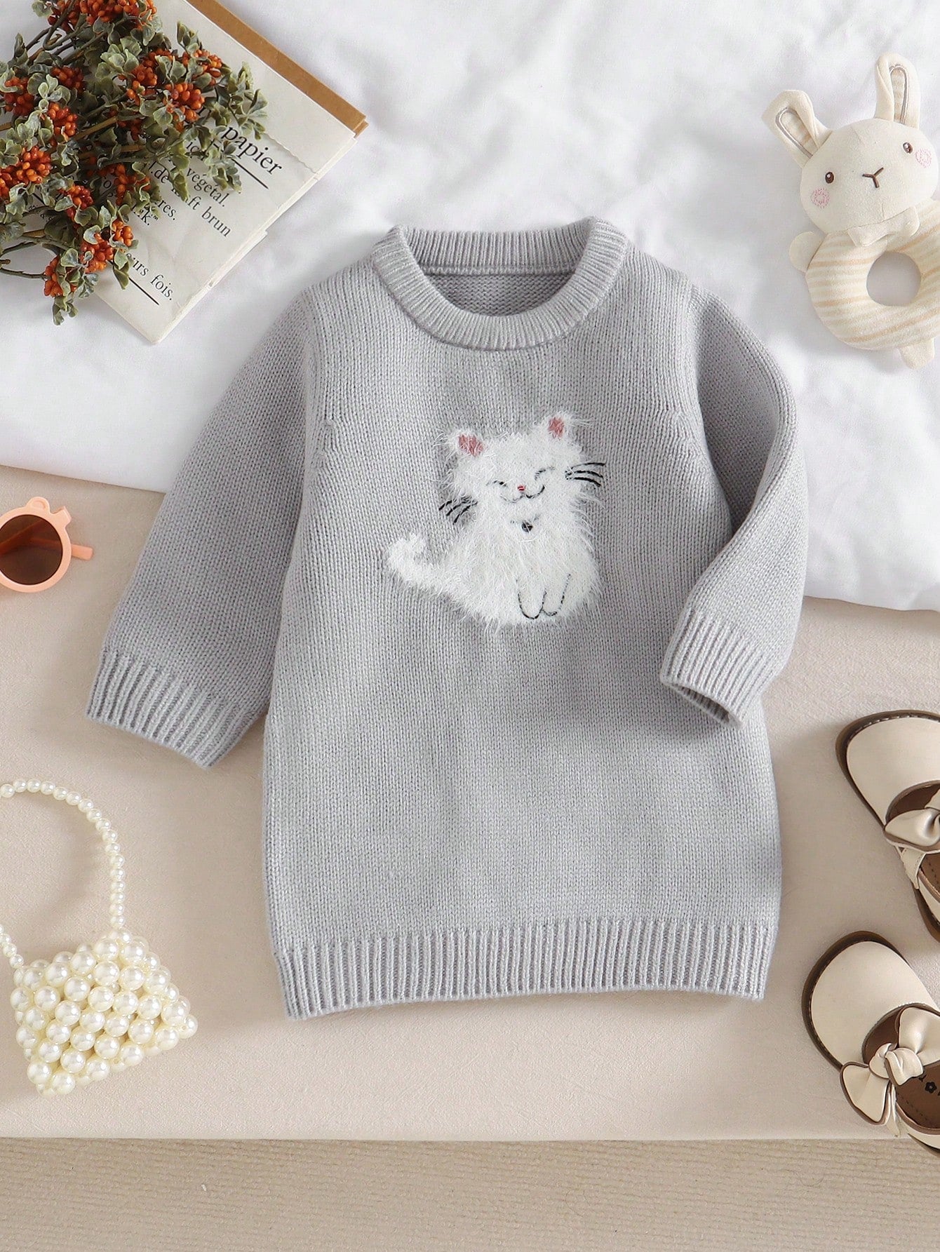 Souflis Souflis 1pc Knitted Baby Girl Dress,Pink White,Autumn,Cute,Family Matching Cat Embroidered Round Neck Long Sleeve Winter Knit Sweater Jumper Fall Outfit