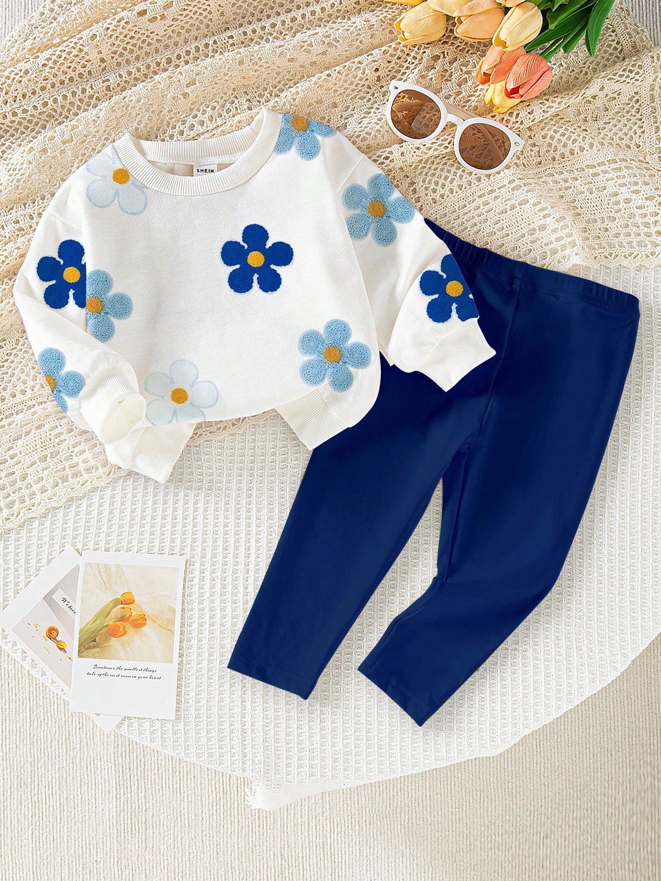 Souflis Souflis 2pcs Baby Girls Casual Floral Print Crew Neck Sweatshirt And Leggings Set, Fashionable And Cute Outfit For Autumn Fall Winter