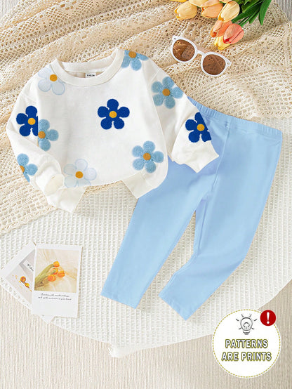 Souflis Souflis 2pcs Baby Girls Casual Floral Print Crew Neck Sweatshirt And Leggings Set, Fashionable And Cute Outfit For Autumn Fall Winter