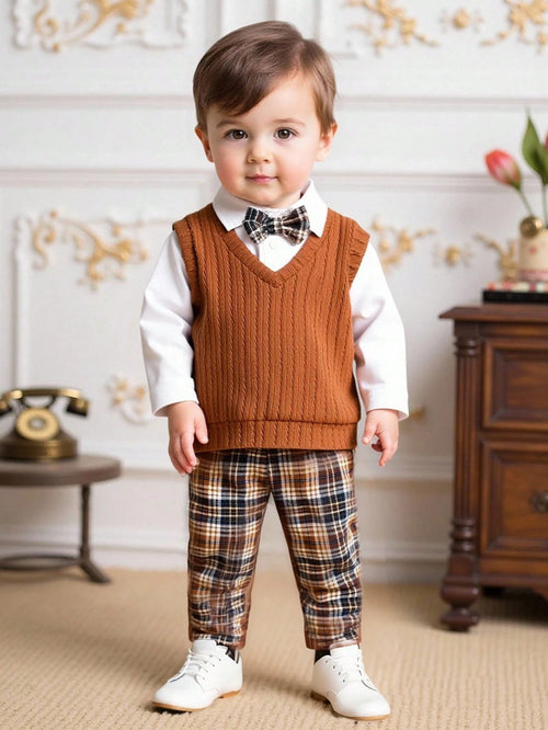 Souflis Souflis 3pcs Baby Boy Brown Plaid Outfit,Textured V-Neck Sweater Vest,Long Sleeve Shirt&Pants Set,Elegant And Classy Formal Summer Holiday Wedding Gentleman