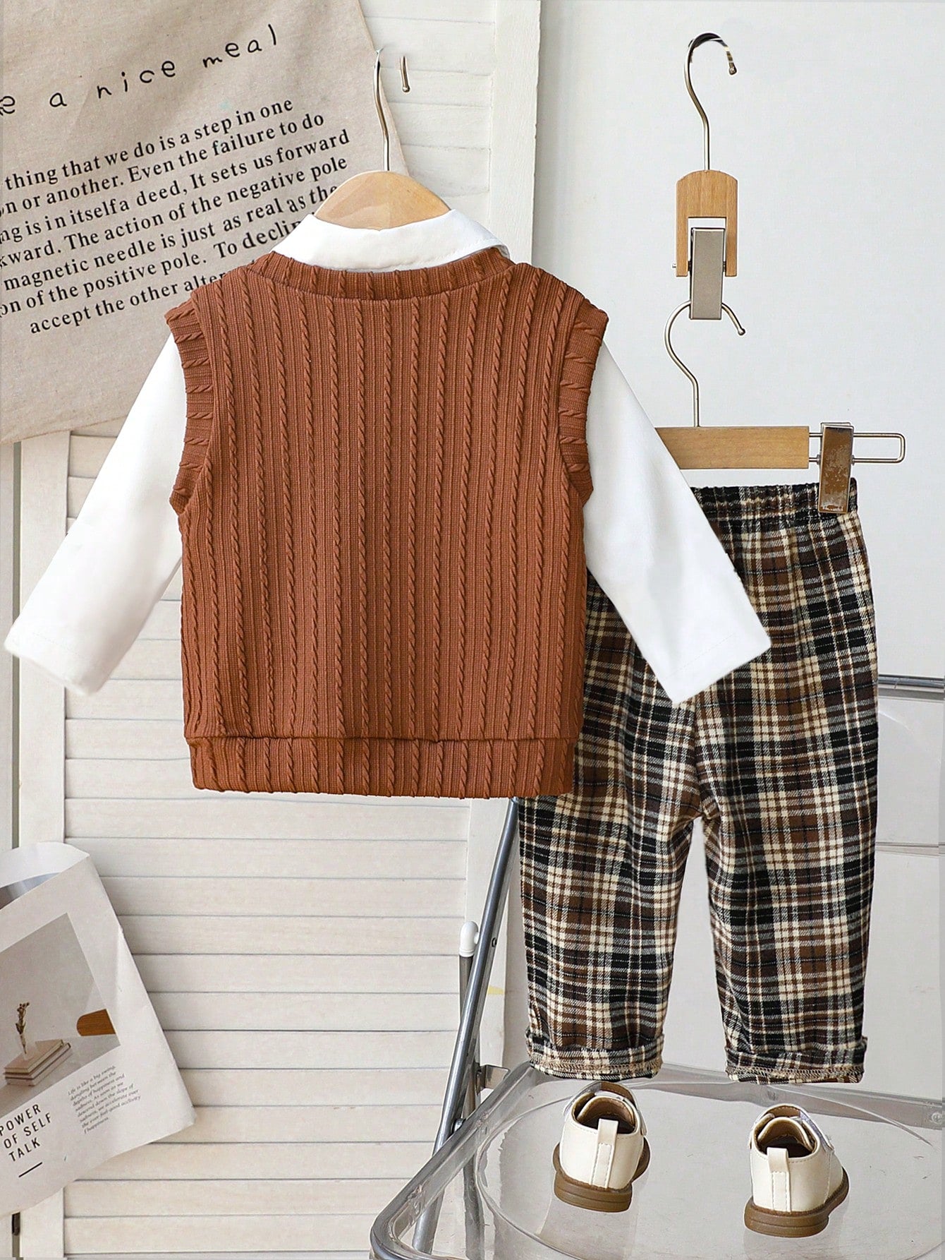 Souflis Souflis 3pcs Baby Boy Brown Plaid Outfit,Textured V-Neck Sweater Vest,Long Sleeve Shirt&Pants Set,Elegant And Classy Formal Summer Holiday Wedding Gentleman