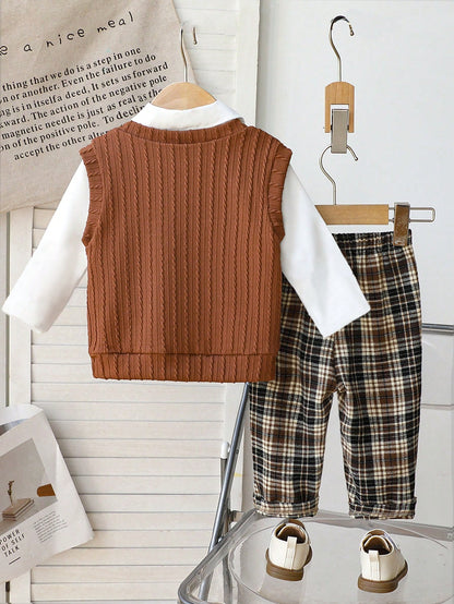 Souflis Souflis 3pcs Baby Boy Brown Plaid Outfit,Textured V-Neck Sweater Vest,Long Sleeve Shirt&Pants Set,Elegant And Classy Formal Summer Holiday Wedding Gentleman