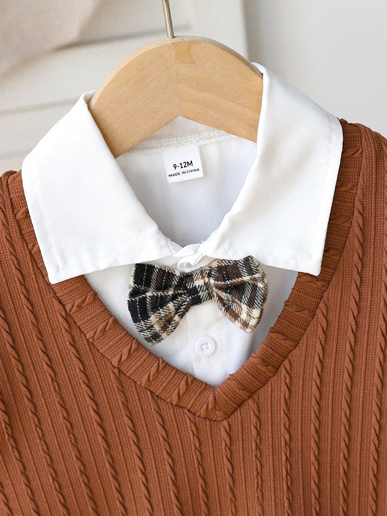 Souflis Souflis 3pcs Baby Boy Brown Plaid Outfit,Textured V-Neck Sweater Vest,Long Sleeve Shirt&Pants Set,Elegant And Classy Formal Summer Holiday Wedding Gentleman