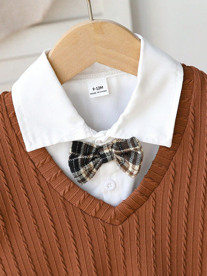 Souflis Souflis 3pcs Baby Boy Brown Plaid Outfit,Textured V-Neck Sweater Vest,Long Sleeve Shirt&Pants Set,Elegant And Classy Formal Summer Holiday Wedding Gentleman