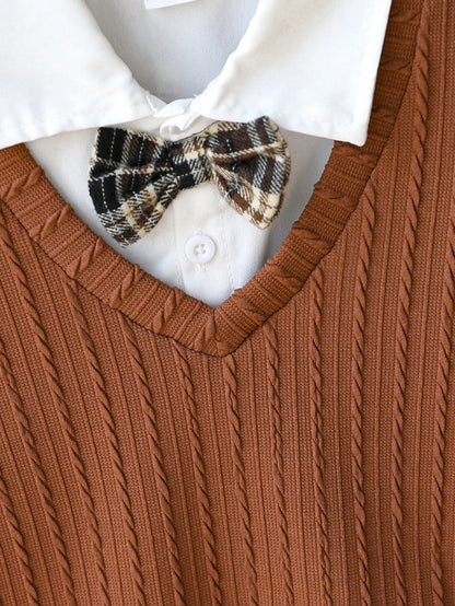 Souflis Souflis 3pcs Baby Boy Brown Plaid Outfit,Textured V-Neck Sweater Vest,Long Sleeve Shirt&Pants Set,Elegant And Classy Formal Summer Holiday Wedding Gentleman