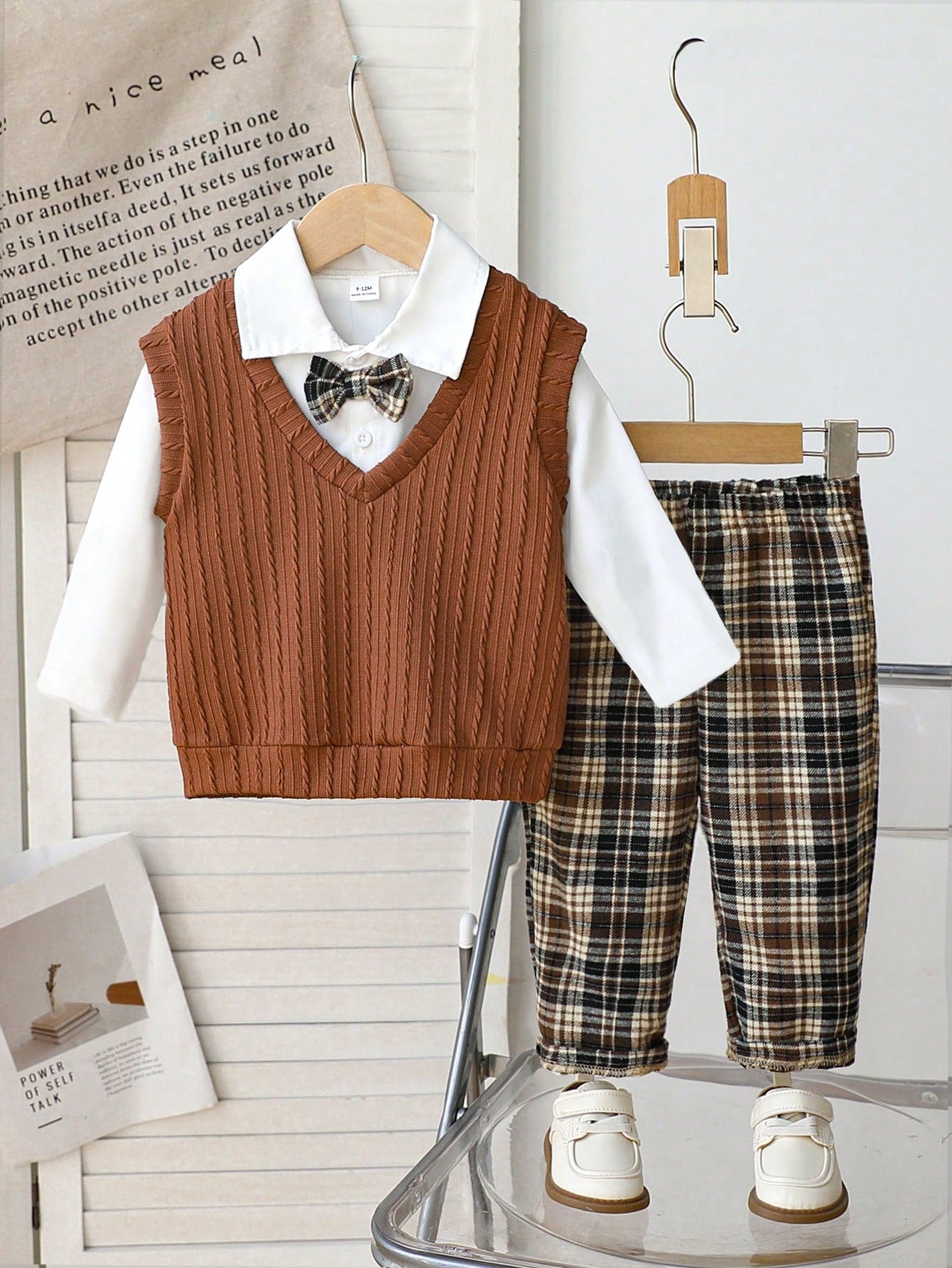 Souflis Souflis 3pcs Baby Boy Brown Plaid Outfit,Textured V-Neck Sweater Vest,Long Sleeve Shirt&Pants Set,Elegant And Classy Formal Summer Holiday Wedding Gentleman