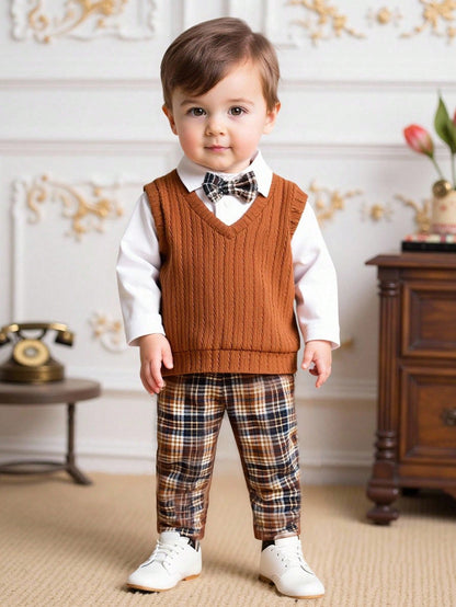 Souflis Souflis 3pcs Baby Boy Brown Plaid Outfit,Textured V-Neck Sweater Vest,Long Sleeve Shirt&Pants Set,Elegant And Classy Formal Summer Holiday Wedding Gentleman