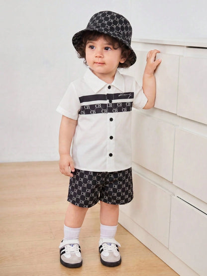 Souflis Souflis 3pcs/Set Infant Boys' Contrast Color Lapel Short Sleeve Shirt Letter Print Shorts Woven Hat Black And White Summer Casual Family Matching 6M-3T Outfit
