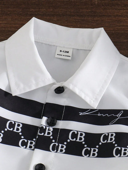Souflis Souflis 3pcs/Set Infant Boys' Contrast Color Lapel Short Sleeve Shirt Letter Print Shorts Woven Hat Black And White Summer Casual Family Matching 6M-3T Outfit