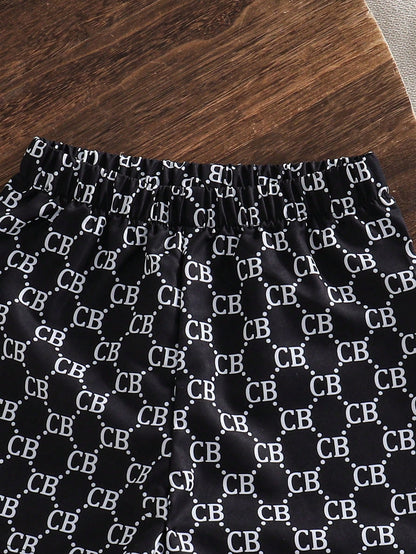 Souflis Souflis 3pcs/Set Infant Boys' Contrast Color Lapel Short Sleeve Shirt Letter Print Shorts Woven Hat Black And White Summer Casual Family Matching 6M-3T Outfit