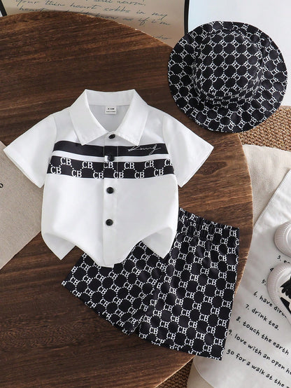 Souflis Souflis 3pcs/Set Infant Boys' Contrast Color Lapel Short Sleeve Shirt Letter Print Shorts Woven Hat Black And White Summer Casual Family Matching 6M-3T Outfit
