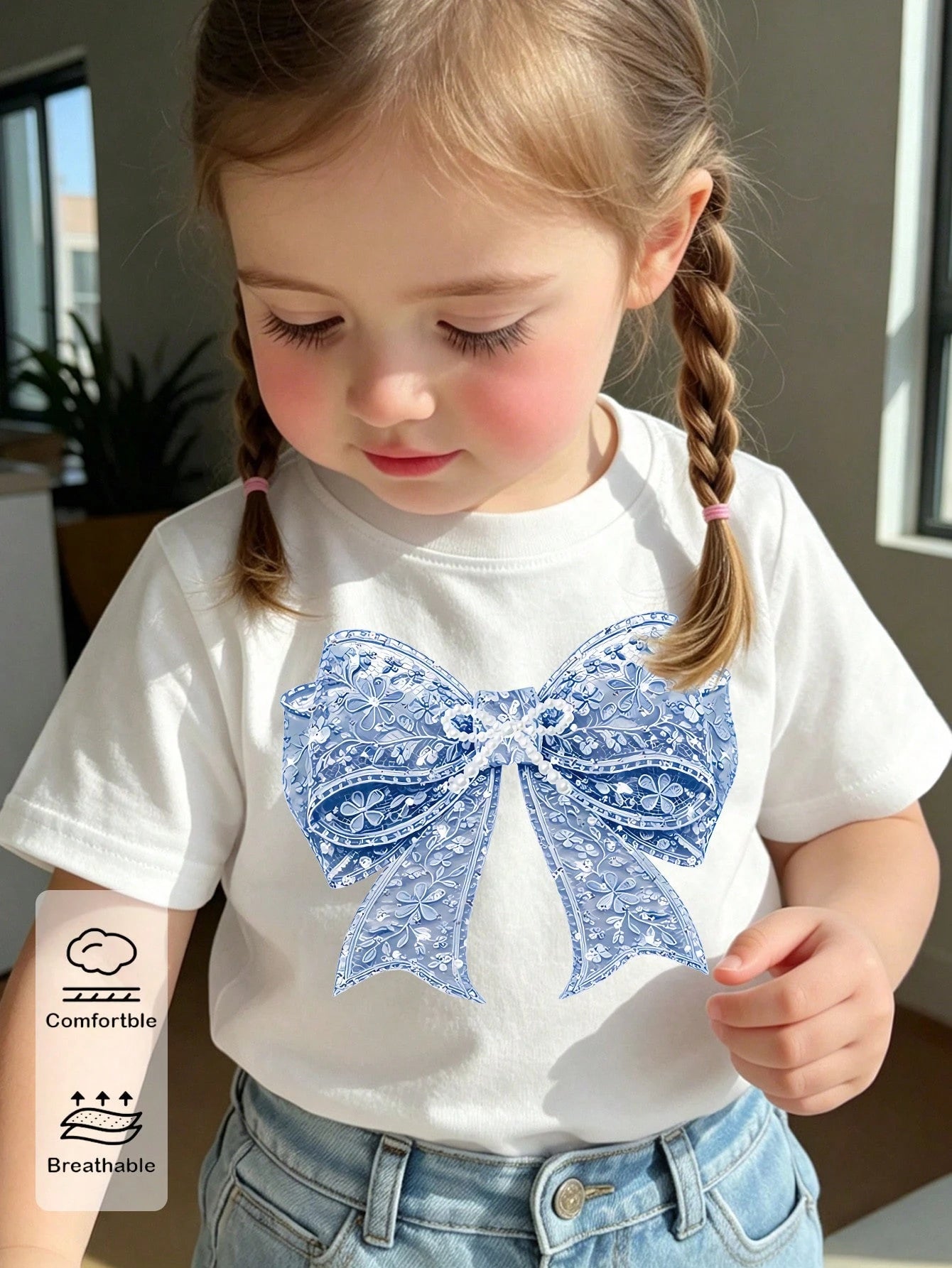 Souflis Souflis Baby Girl Blue And White Floral Bow Pattern Basic Daily Comfortable White Short Sleeve T-Shirt
