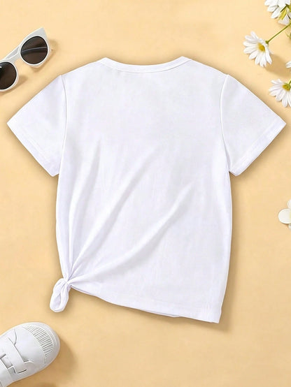 Souflis Souflis Baby Girl Blue And White Floral Bow Pattern Basic Daily Comfortable White Short Sleeve T-Shirt