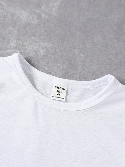 Souflis Souflis Baby Girl Blue And White Floral Bow Pattern Basic Daily Comfortable White Short Sleeve T-Shirt