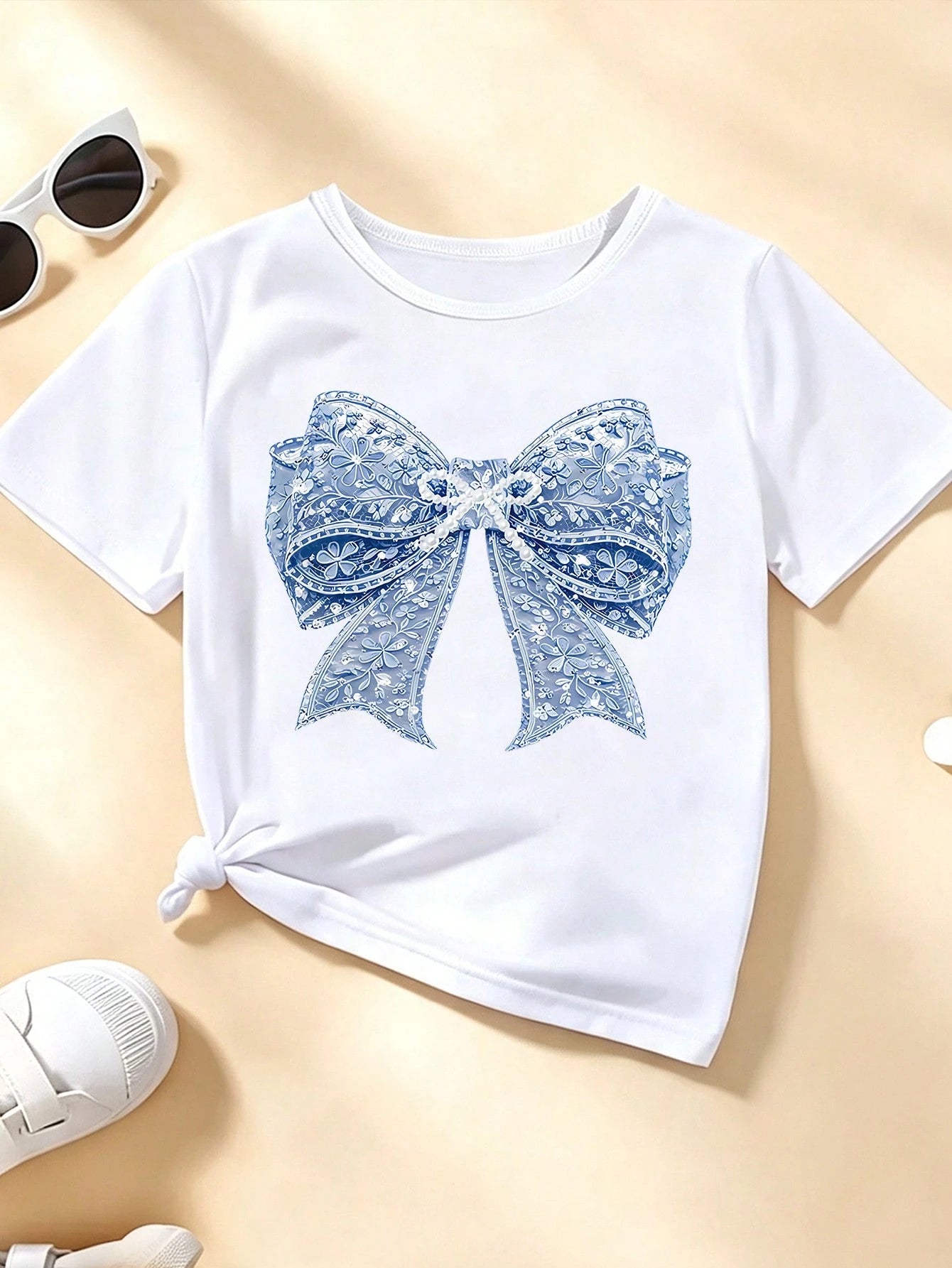 Souflis Souflis Baby Girl Blue And White Floral Bow Pattern Basic Daily Comfortable White Short Sleeve T-Shirt