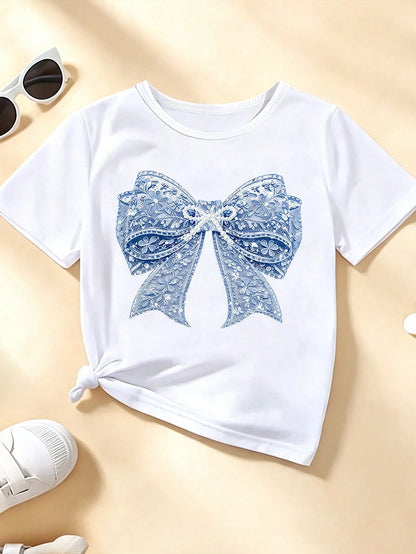 Souflis Souflis Baby Girl Blue And White Floral Bow Pattern Basic Daily Comfortable White Short Sleeve T-Shirt