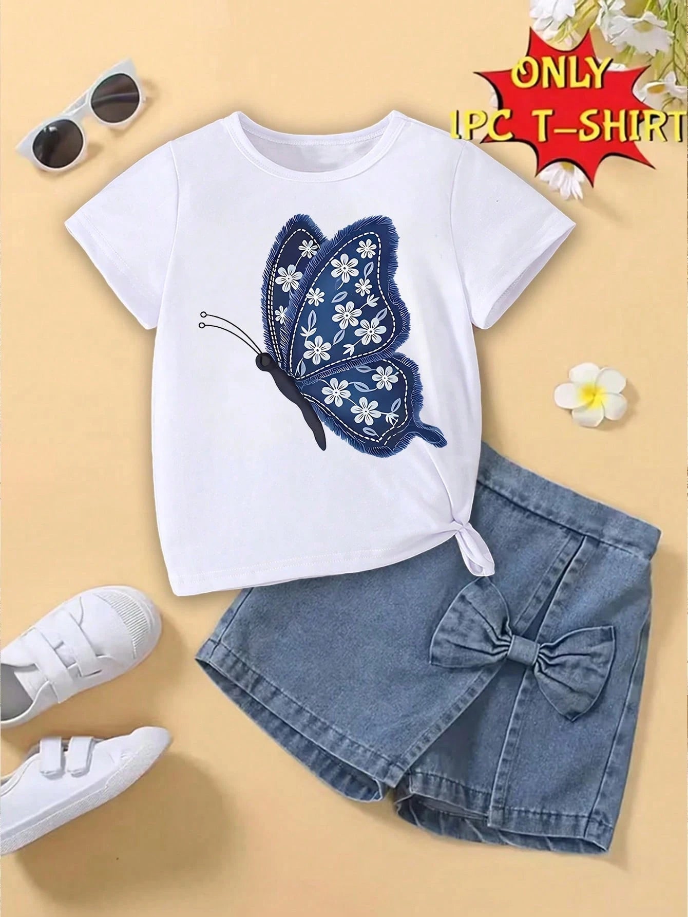Souflis Souflis Baby Girl Blue And White Floral Bow Pattern Basic Daily Comfortable White Short Sleeve T-Shirt