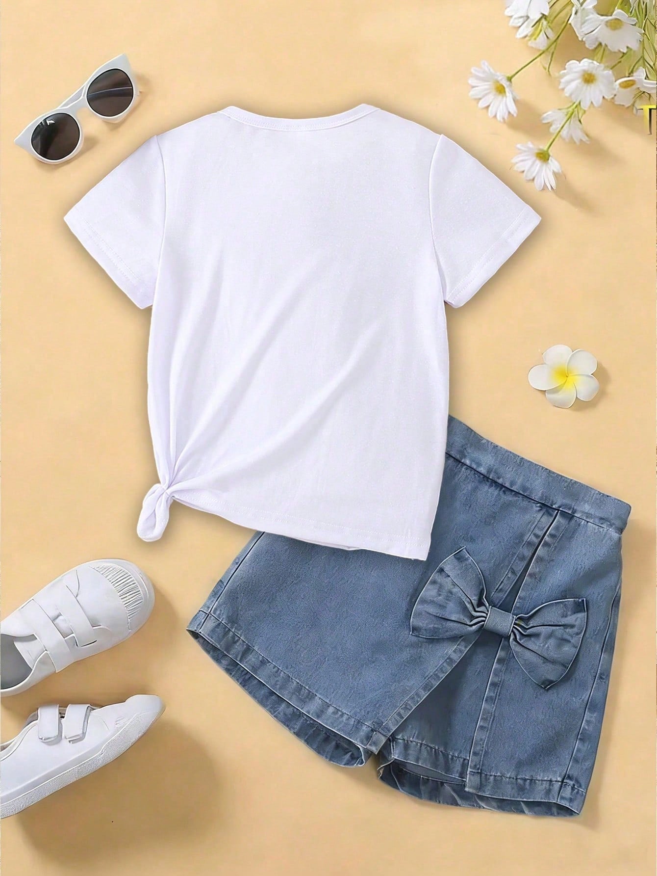 Souflis Souflis Baby Girl Blue And White Floral Bow Pattern Basic Daily Comfortable White Short Sleeve T-Shirt