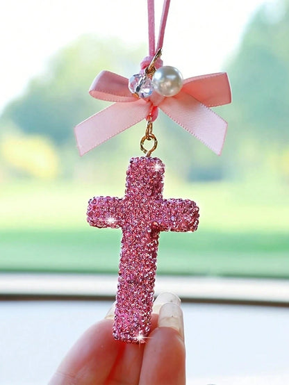 Sparkling Crystal Cross Car Charm- Rhinestone Rearview Mirror Decor, Elegant & Meaningful Accessory- Lightweight &- Spiritual Gift For Christmas/Christening