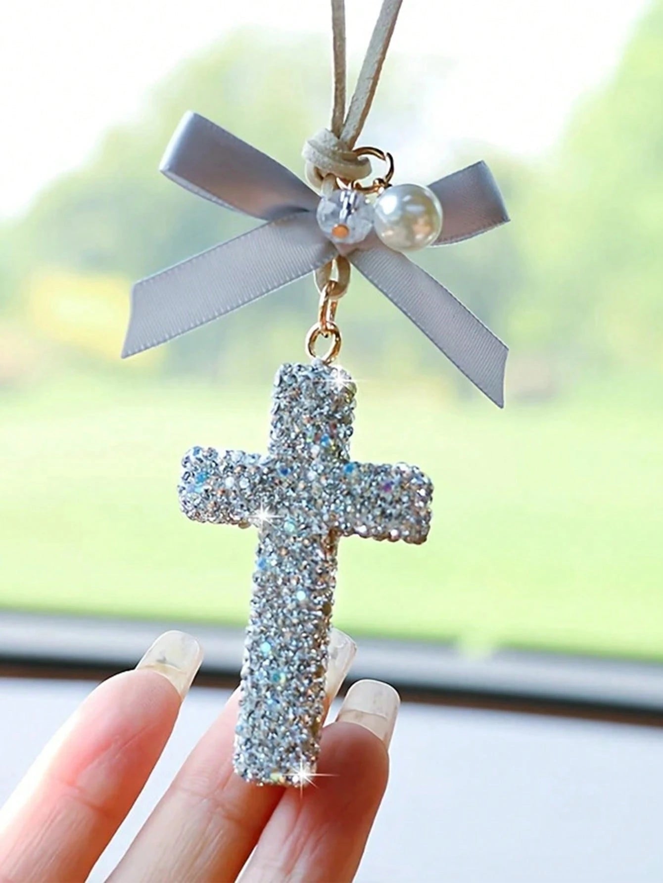 Sparkling Crystal Cross Car Charm- Rhinestone Rearview Mirror Decor, Elegant & Meaningful Accessory- Lightweight &- Spiritual Gift For Christmas/Christening