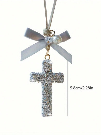 Sparkling Crystal Cross Car Charm- Rhinestone Rearview Mirror Decor, Elegant & Meaningful Accessory- Lightweight &- Spiritual Gift For Christmas/Christening