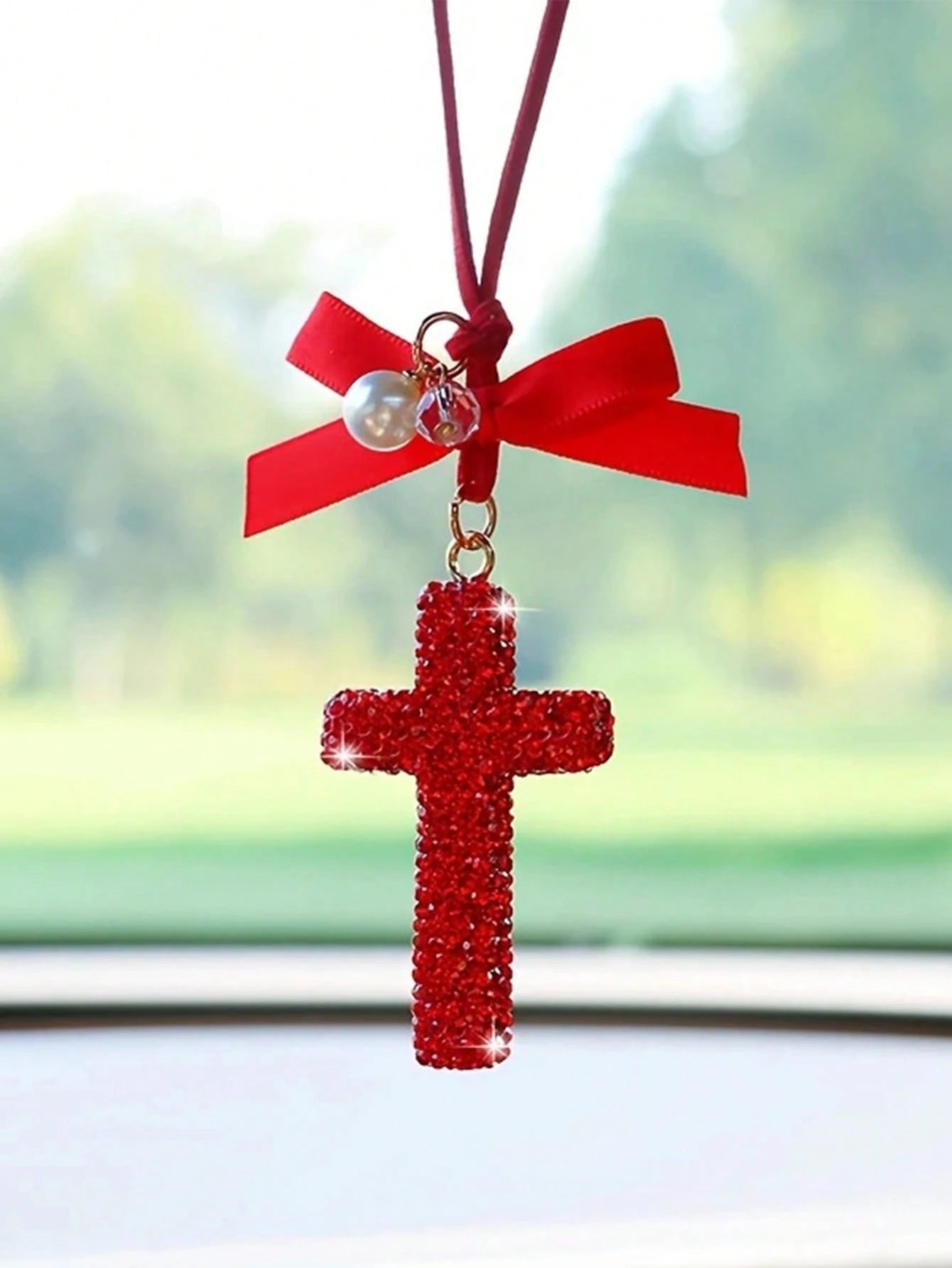 Sparkling Crystal Cross Car Charm- Rhinestone Rearview Mirror Decor, Elegant & Meaningful Accessory- Lightweight &- Spiritual Gift For Christmas/Christening