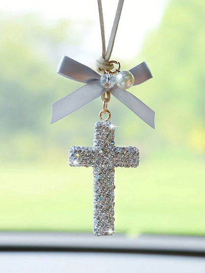 Sparkling Crystal Cross Car Charm- Rhinestone Rearview Mirror Decor, Elegant & Meaningful Accessory- Lightweight &- Spiritual Gift For Christmas/Christening