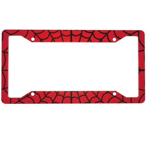 Spider Web License Plate Frame, Red And Black Retro Fun Aluminum Front License Plate Holder Decoration With 4 Holes Suitable For Men And Women