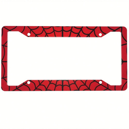 Spider Web License Plate Frame, Red And Black Retro Fun Aluminum Front License Plate Holder Decoration With 4 Holes Suitable For Men And Women